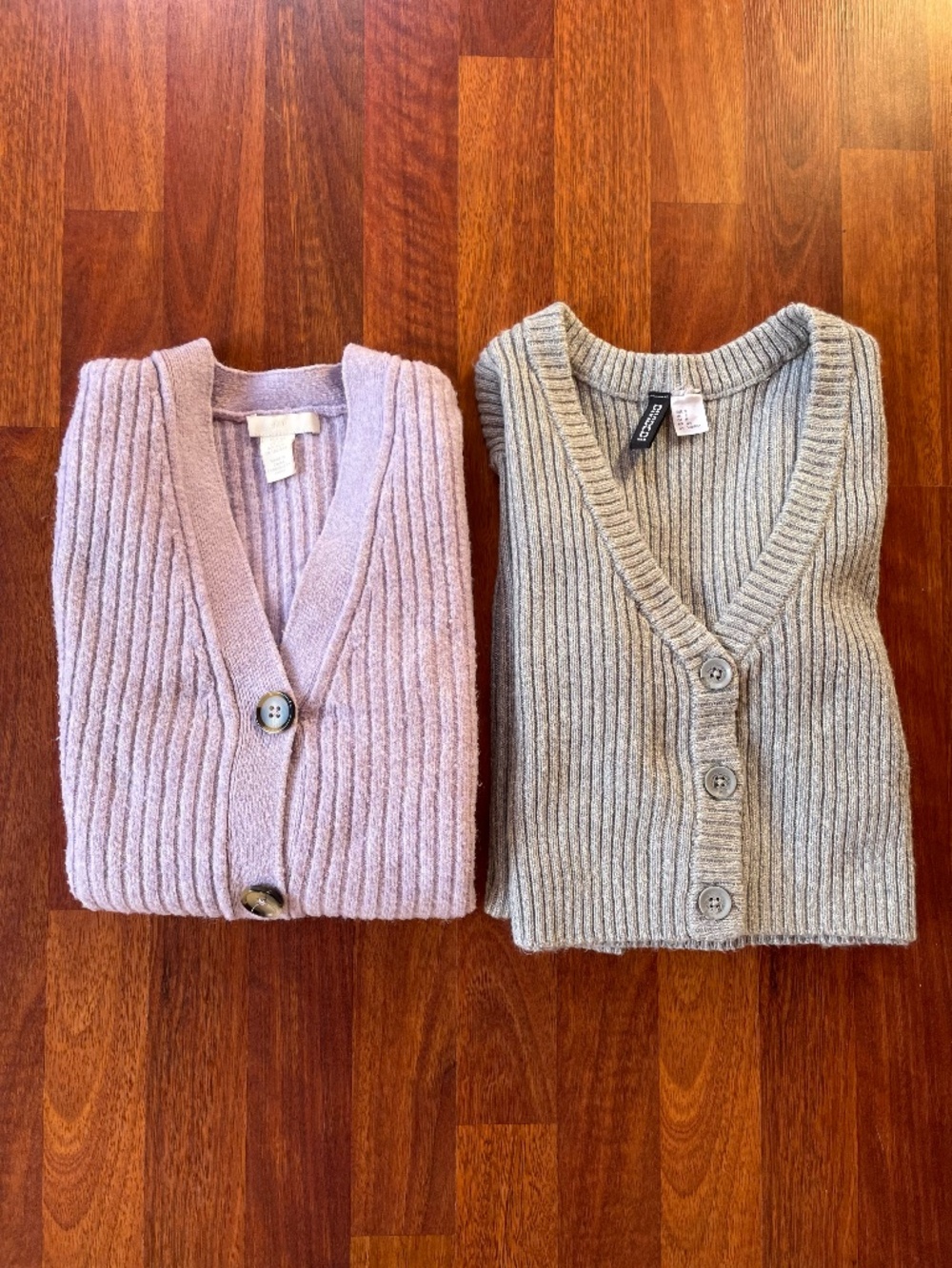 Lot of 2 H&M Ribbed Cardigan Sweaters - Gray Cropped (S) & Lilac V-Neck (XS)